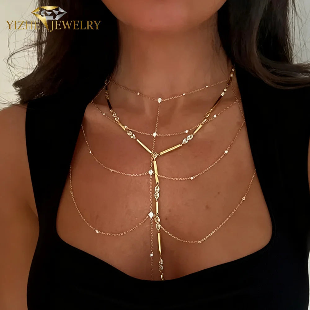 New Fashion Design Water Drop Bling Oval CZ Choker Necklace Lariat Long Bar Tear Drop Y Shape Long Tassel Women Jewelry