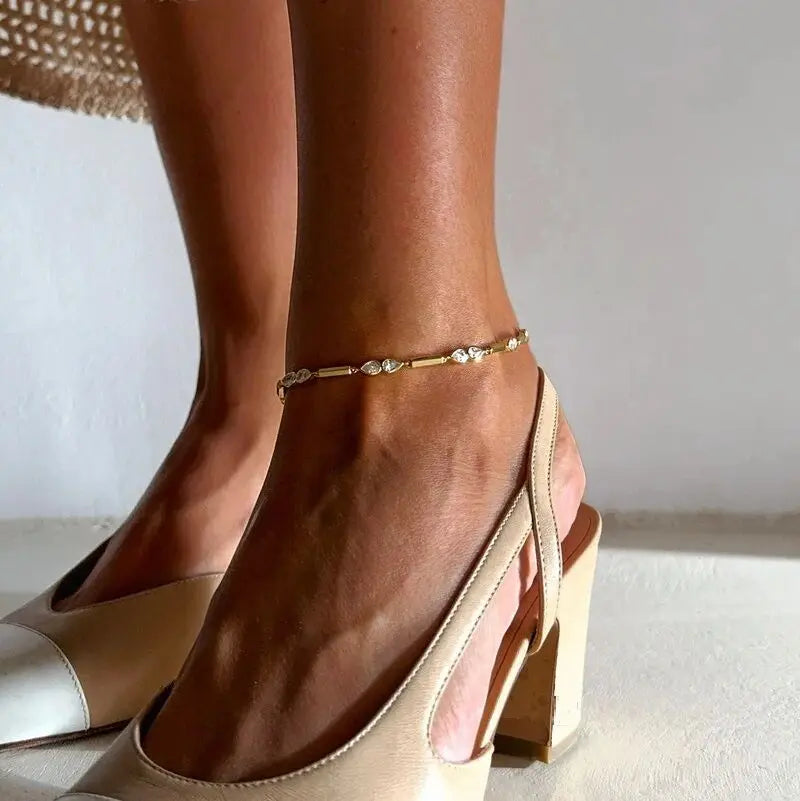 2026 New Arrived Gold Color Geometric Bar Tear Drop Cubic Zirconia CZ Link Chain Anklet Women Fashion Jewelry