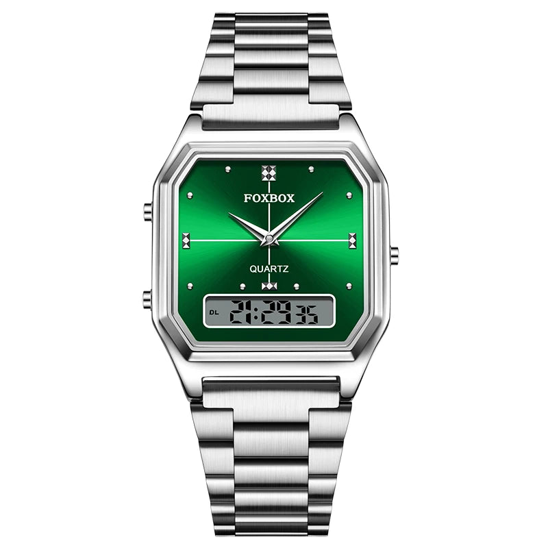FOXBOX Square Purple Woman Watches Steel Waterproof Double Time Leisure Digital Girls Wristwatches Women Quartz Watch For Gifts