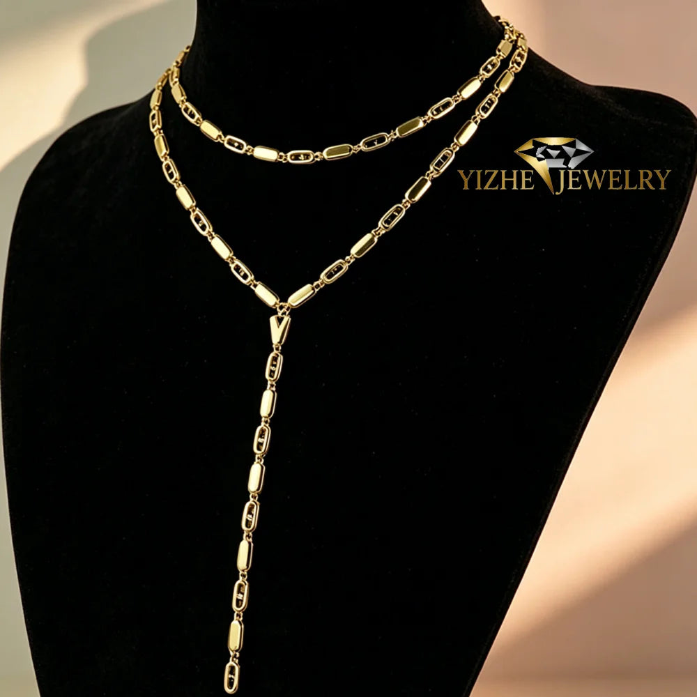 Gold Color Women Fashion Jewelry Set Geometric CZ Rectangle Charm Link Hand Chain Bracelet Choker Y Lariat Necklace