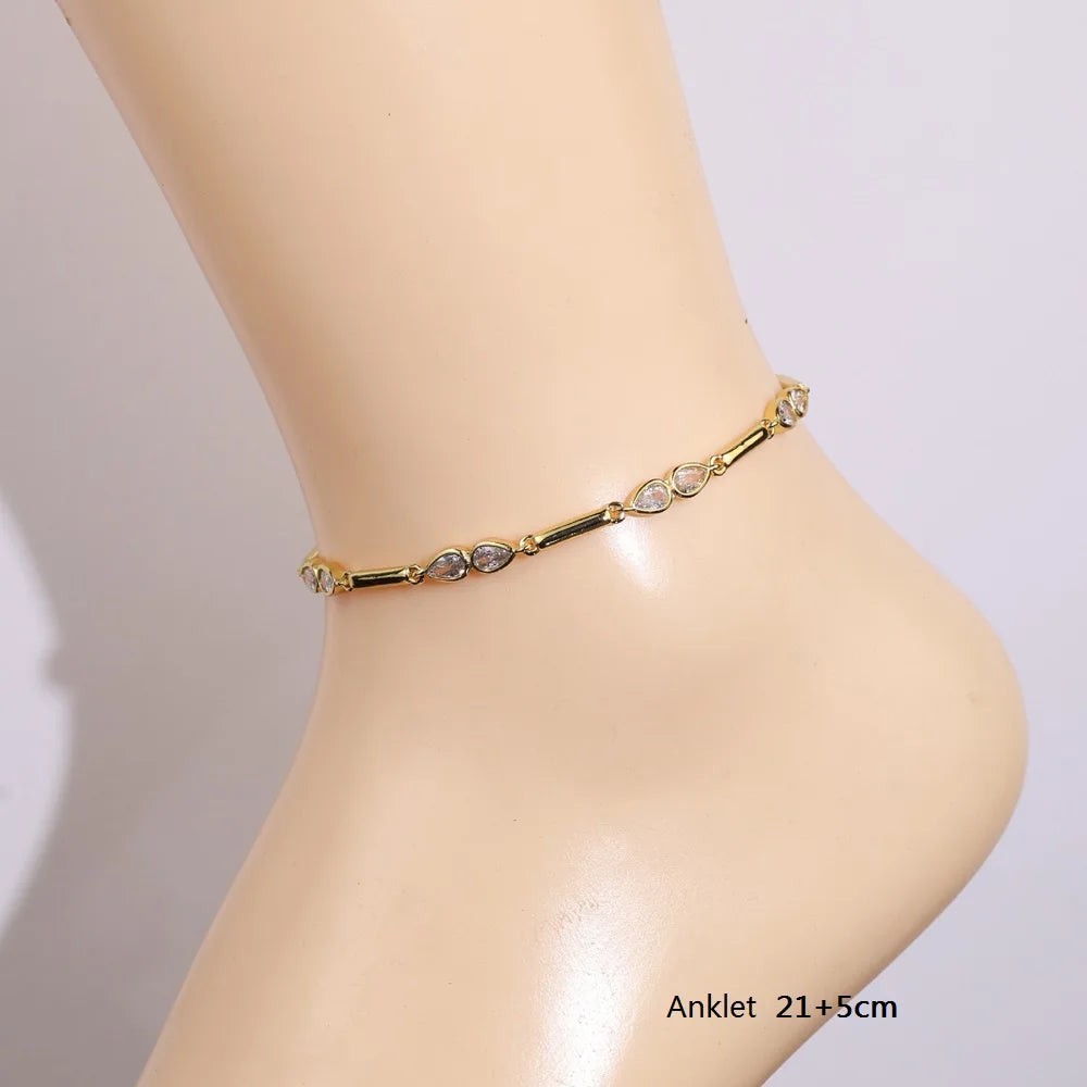 2026 New Arrived Gold Color Geometric Bar Tear Drop Cubic Zirconia CZ Link Chain Anklet Women Fashion Jewelry
