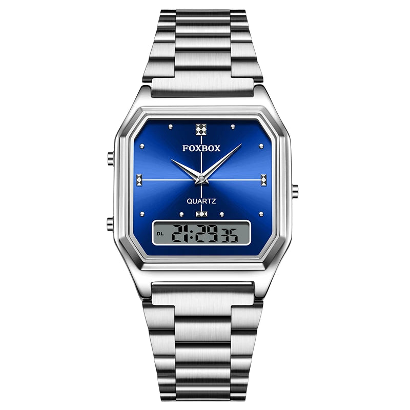 FOXBOX Square Purple Woman Watches Steel Waterproof Double Time Leisure Digital Girls Wristwatches Women Quartz Watch For Gifts