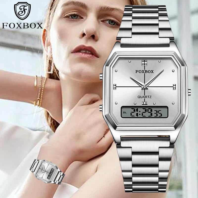 FOXBOX Women's Quartz Wrist Watch Digital Sports Ladies Clock Electronic Waterproof Square LED Watch for Women Montre Femme+BOX