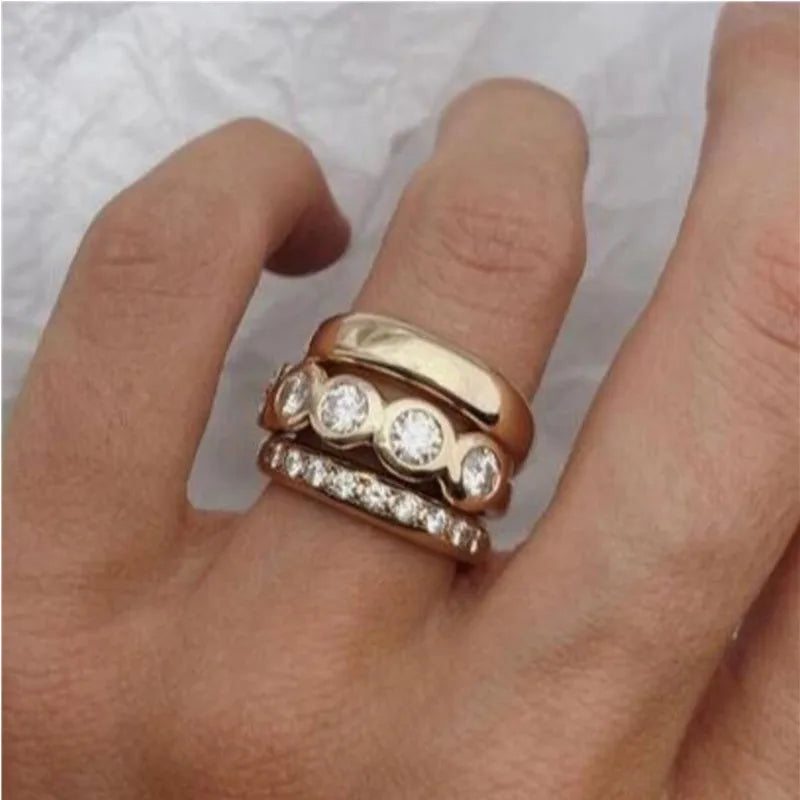 KSRA Fashion Antique Gold Color Three Piece Set Inlay Zircon Creative Ring For Women Custom Jewelry 2024 New