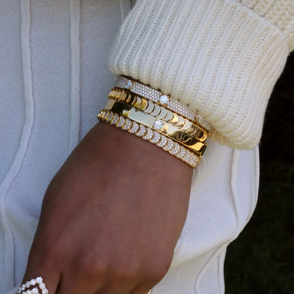 Moon Charm Shaped Chain Bracelet Necklace Gold Color Pave CZ Shiny Polished Fashion European Women Girl Jewelry Set