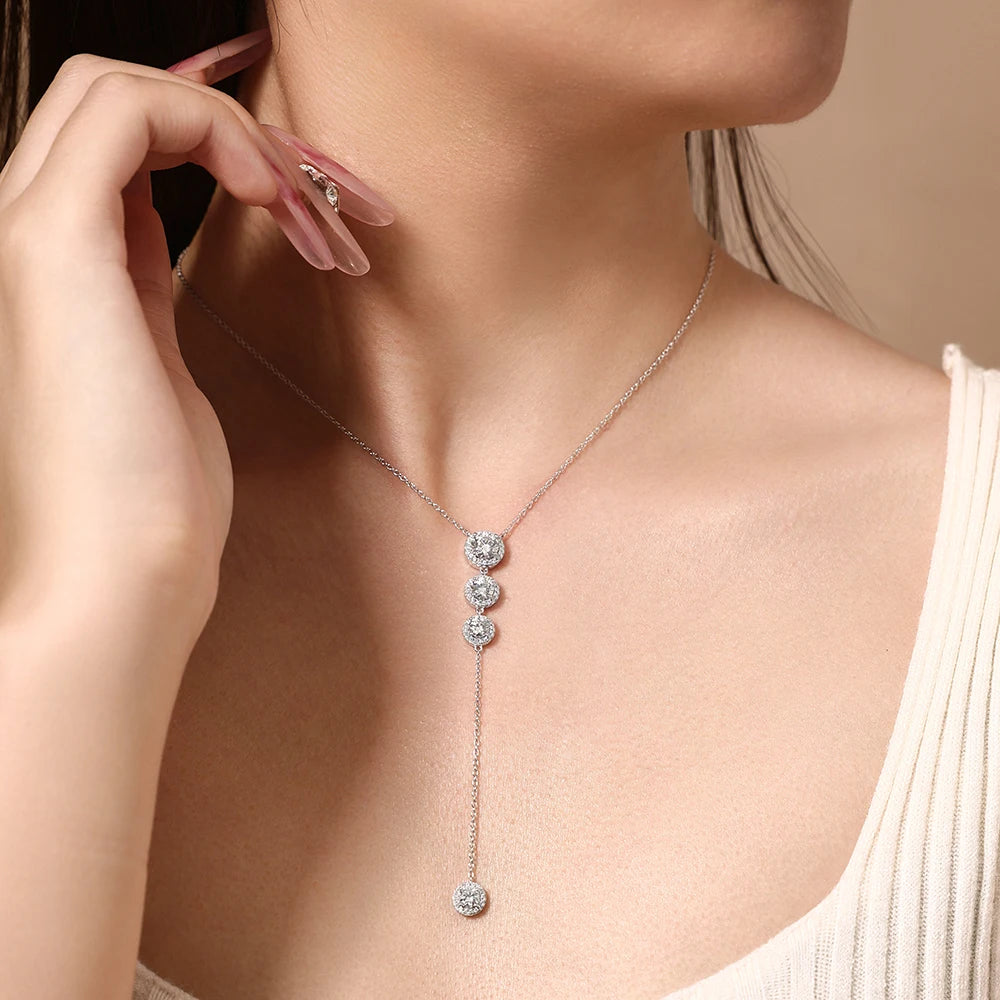 ATTAGEMS Luxury 925 Sterling Silver Necklaces and Pendants for Women 6mm D VVS1 Round Moissanite Y Shape Chain  Wedding Jewelry