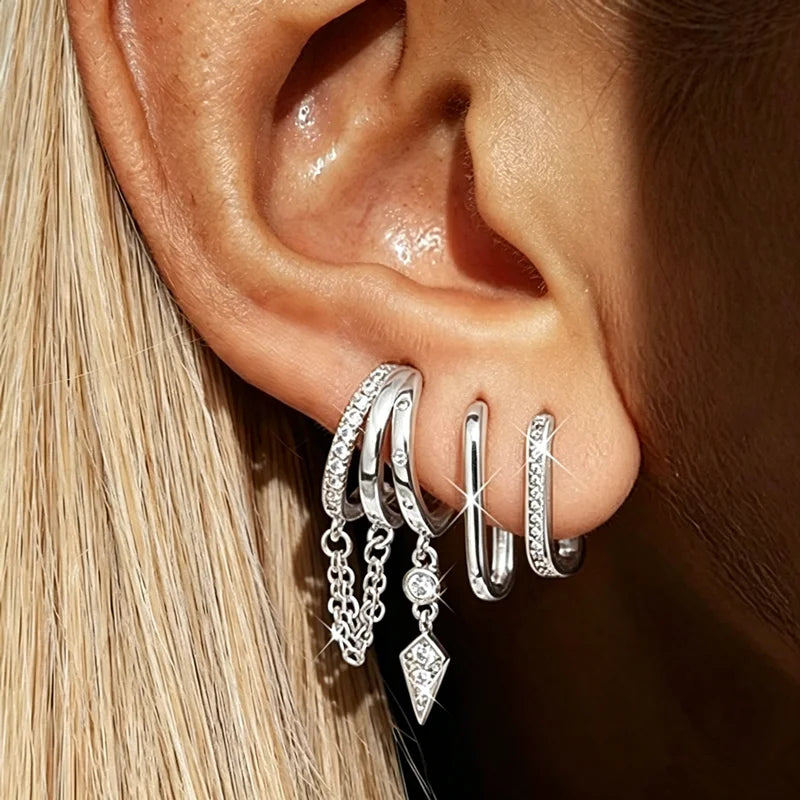 3PCS Triple Huggie Stud Earrings Set Cute Statement Chain Earring Dainty Drop Earrings Small Hoops Women Trendy Jewelry Lots