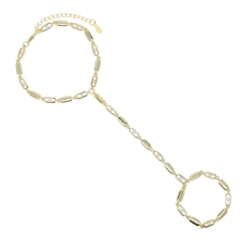 Gold Color Women Fashion Jewelry Set Geometric CZ Rectangle Charm Link Hand Chain Bracelet Choker Y Lariat Necklace