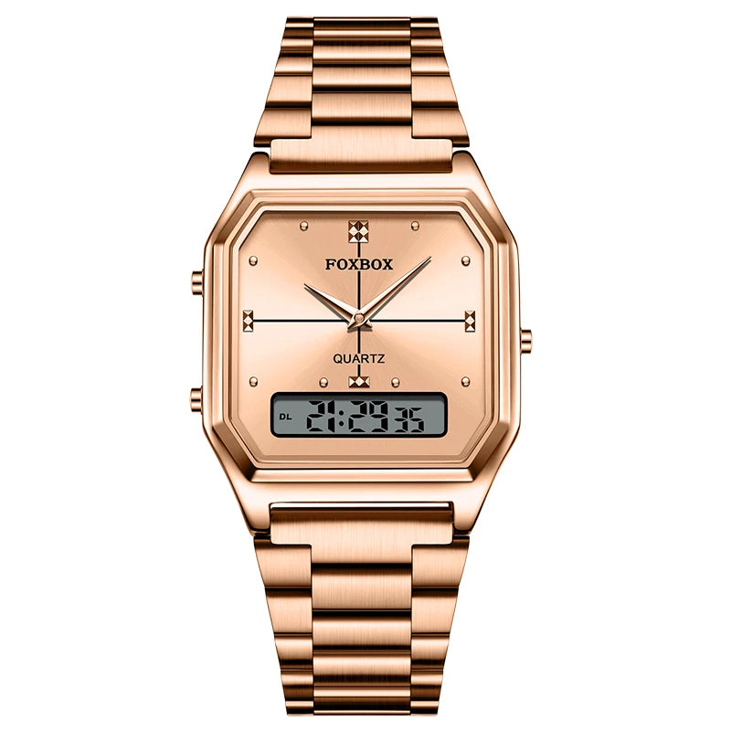 FOXBOX Square Purple Woman Watches Steel Waterproof Double Time Leisure Digital Girls Wristwatches Women Quartz Watch For Gifts