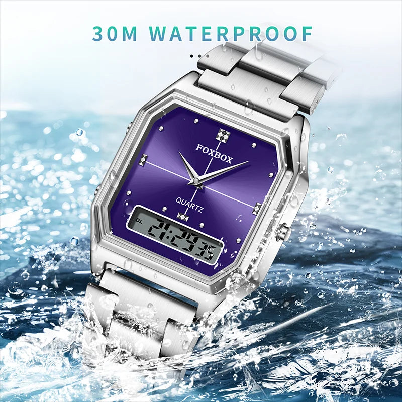 FOXBOX Square Purple Woman Watches Steel Waterproof Double Time Leisure Digital Girls Wristwatches Women Quartz Watch For Gifts