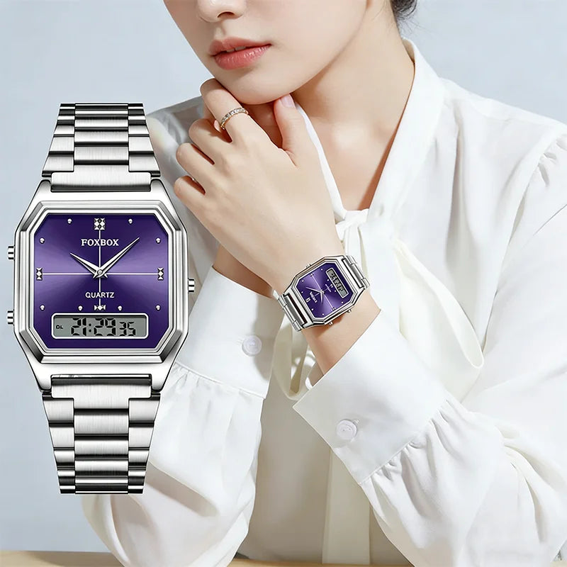 FOXBOX Square Purple Woman Watches Steel Waterproof Double Time Leisure Digital Girls Wristwatches Women Quartz Watch For Gifts