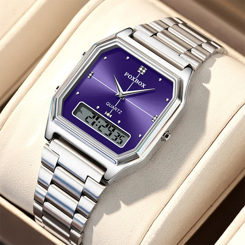 FOXBOX Square Purple Woman Watches Steel Waterproof Double Time Leisure Digital Girls Wristwatches Women Quartz Watch For Gifts