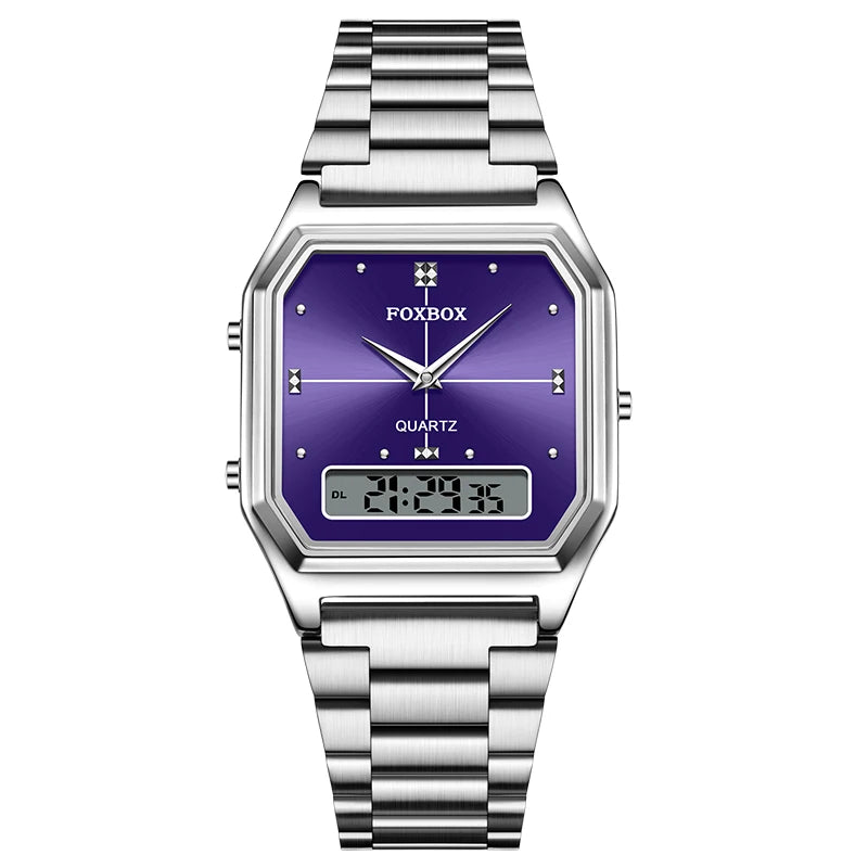 FOXBOX Square Purple Woman Watches Steel Waterproof Double Time Leisure Digital Girls Wristwatches Women Quartz Watch For Gifts