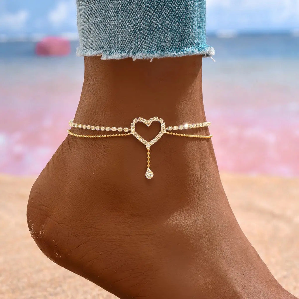 Shiny Bling Heart Drop Tassel Charm Double Layer Anklet Women Beach Foot Chain Vacation Jewelry Summer