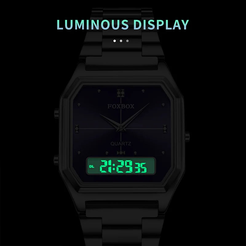 FOXBOX Square Purple Woman Watches Steel Waterproof Double Time Leisure Digital Girls Wristwatches Women Quartz Watch For Gifts