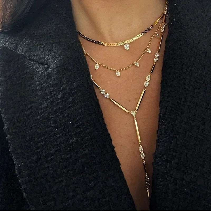 New Fashion Design Water Drop Bling Oval CZ Choker Necklace Lariat Long Bar Tear Drop Y Shape Long Tassel Women Jewelry
