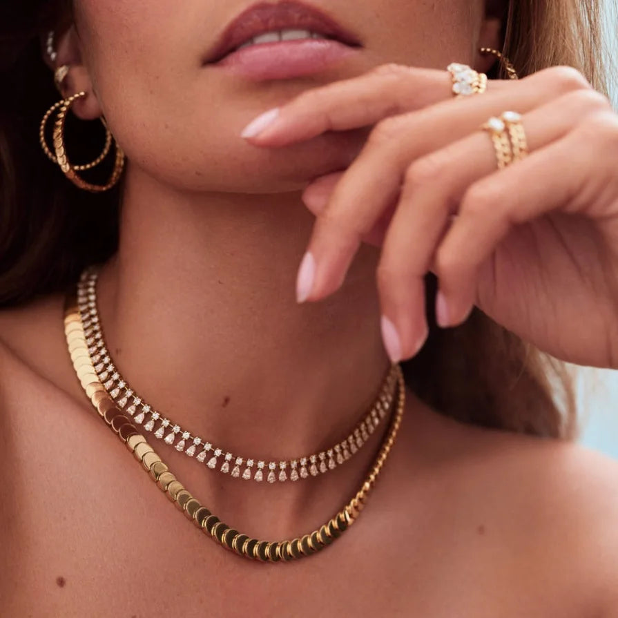 Moon Charm Shaped Chain Bracelet Necklace Gold Color Pave CZ Shiny Polished Fashion European Women Girl Jewelry Set