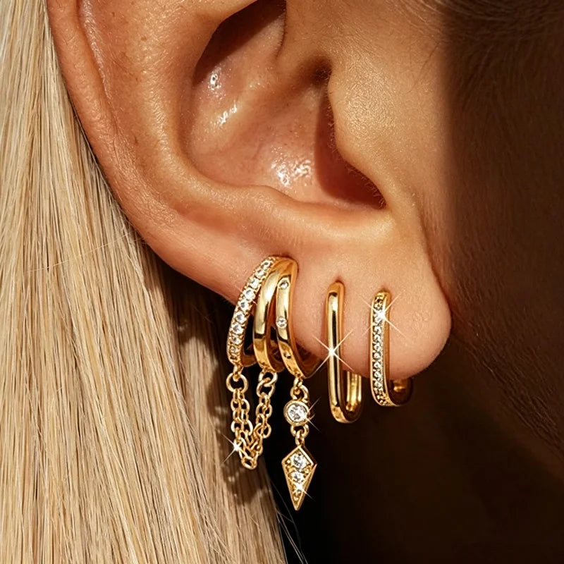 3PCS Triple Huggie Stud Earrings Set Cute Statement Chain Earring Dainty Drop Earrings Small Hoops Women Trendy Jewelry Lots
