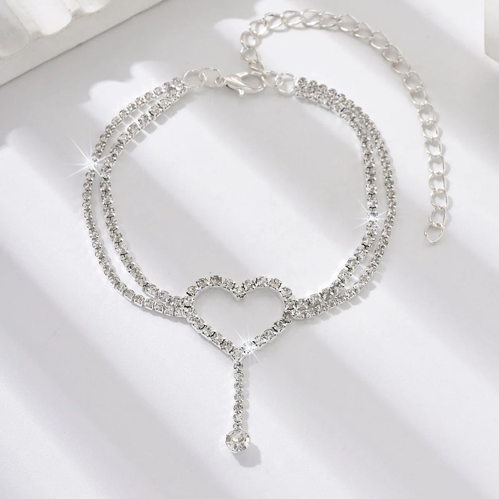 Shiny Bling Heart Drop Tassel Charm Double Layer Anklet Women Beach Foot Chain Vacation Jewelry Summer