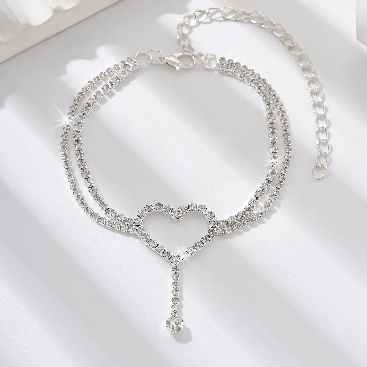 Shiny Bling Heart Drop Tassel Charm Double Layer Anklet Women Beach Foot Chain Vacation Jewelry Summer