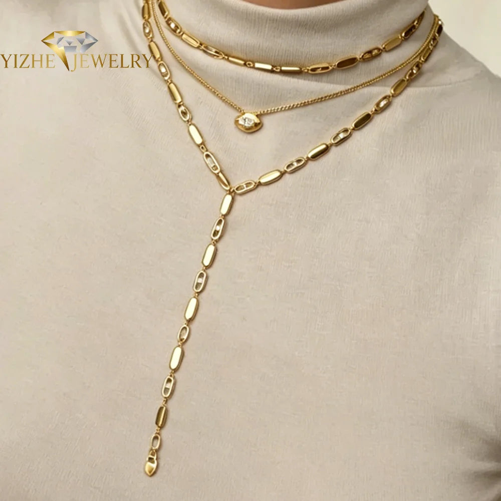 Gold Color Women Fashion Jewelry Set Geometric CZ Rectangle Charm Link Hand Chain Bracelet Choker Y Lariat Necklace