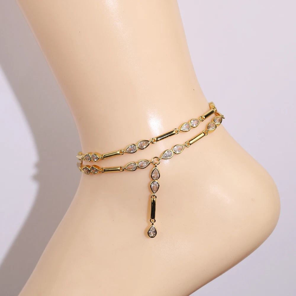 2026 New Arrived Gold Color Geometric Bar Tear Drop Cubic Zirconia CZ Link Chain Anklet Women Fashion Jewelry