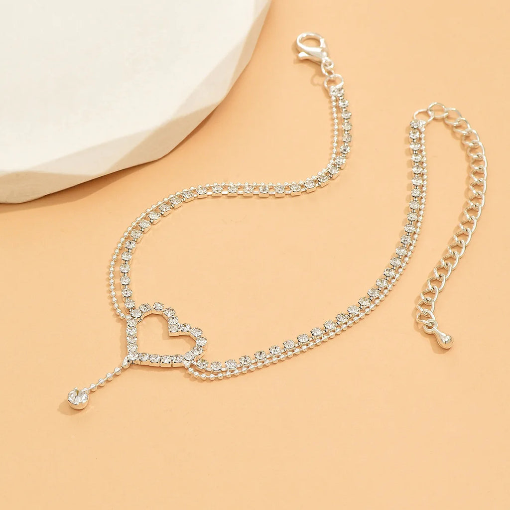 Shiny Bling Heart Drop Tassel Charm Double Layer Anklet Women Beach Foot Chain Vacation Jewelry Summer