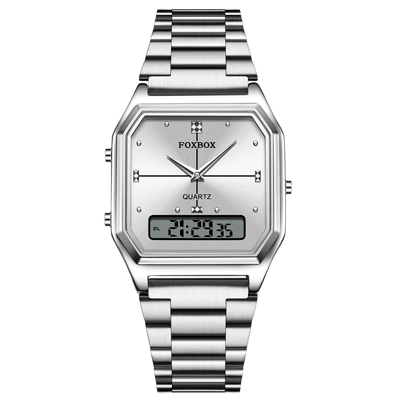 FOXBOX Square Purple Woman Watches Steel Waterproof Double Time Leisure Digital Girls Wristwatches Women Quartz Watch For Gifts