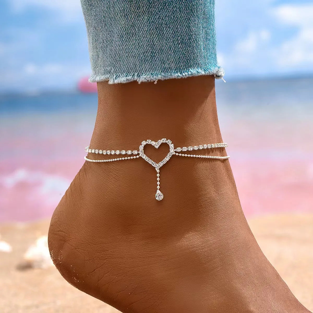 Shiny Bling Heart Drop Tassel Charm Double Layer Anklet Women Beach Foot Chain Vacation Jewelry Summer