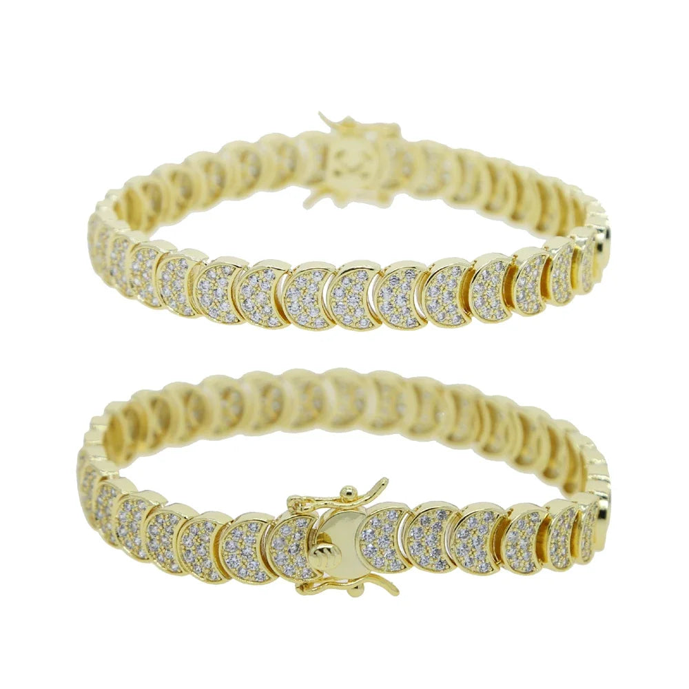 Moon Charm Shaped Chain Bracelet Necklace Gold Color Pave CZ Shiny Polished Fashion European Women Girl Jewelry Set