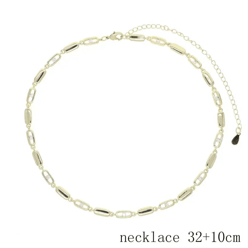 Gold Color Women Fashion Jewelry Set Geometric CZ Rectangle Charm Link Hand Chain Bracelet Choker Y Lariat Necklace