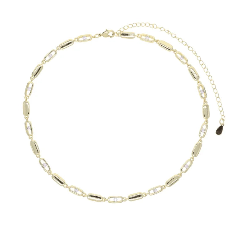 Gold Color Women Fashion Jewelry Set Geometric CZ Rectangle Charm Link Hand Chain Bracelet Choker Y Lariat Necklace