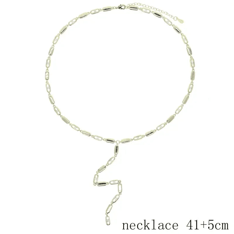 Gold Color Women Fashion Jewelry Set Geometric CZ Rectangle Charm Link Hand Chain Bracelet Choker Y Lariat Necklace