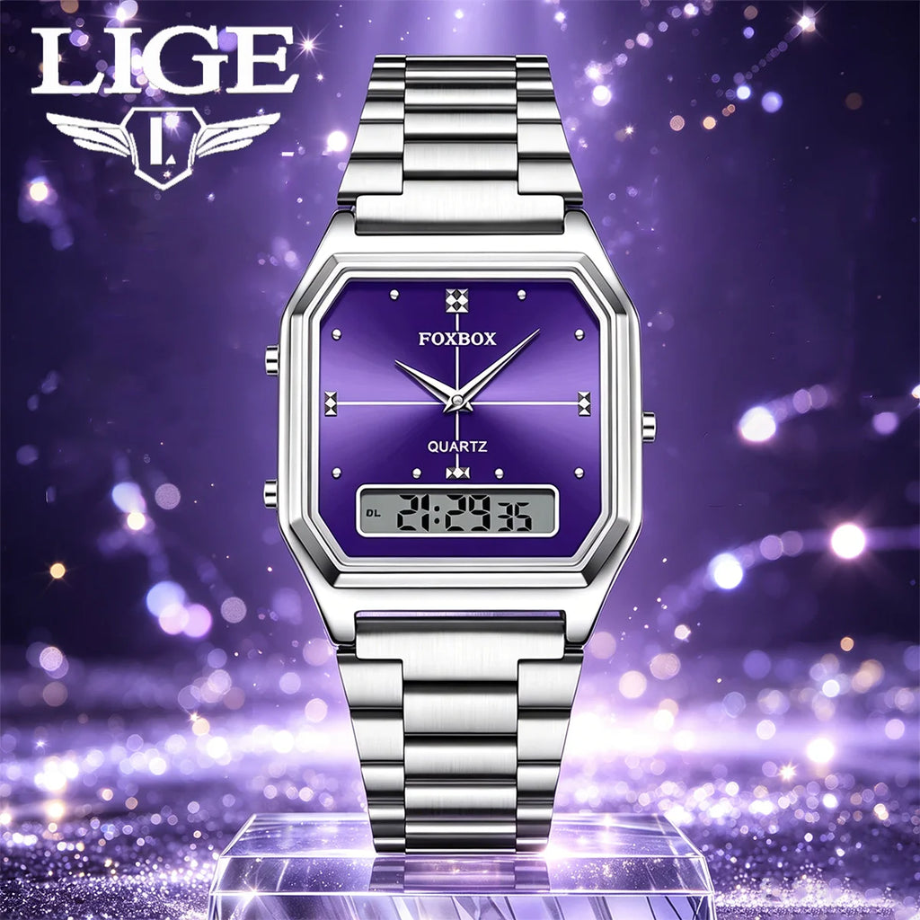FOXBOX Square Purple Woman Watches Steel Waterproof Double Time Leisure Digital Girls Wristwatches Women Quartz Watch For Gifts