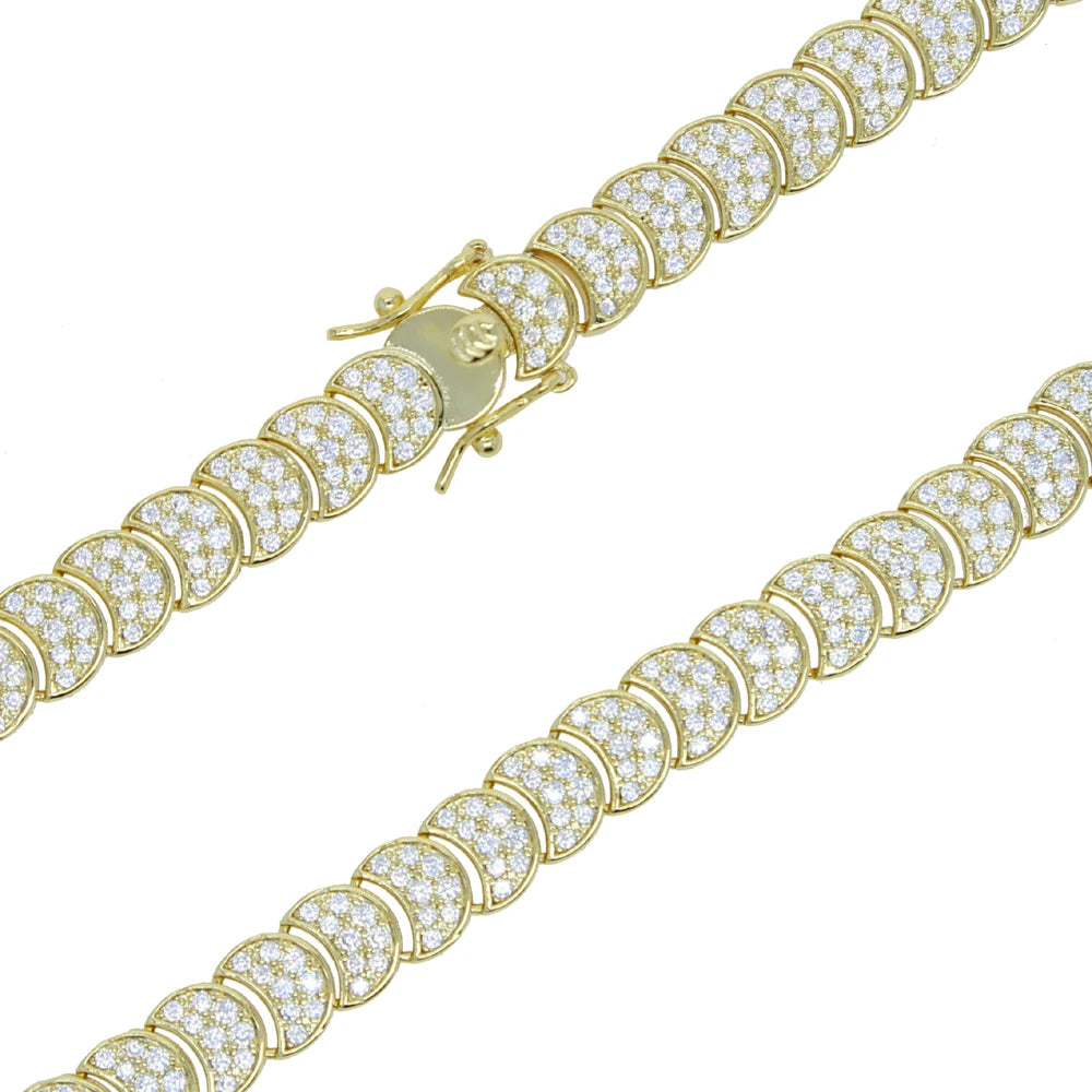 Moon Charm Shaped Chain Bracelet Necklace Gold Color Pave CZ Shiny Polished Fashion European Women Girl Jewelry Set