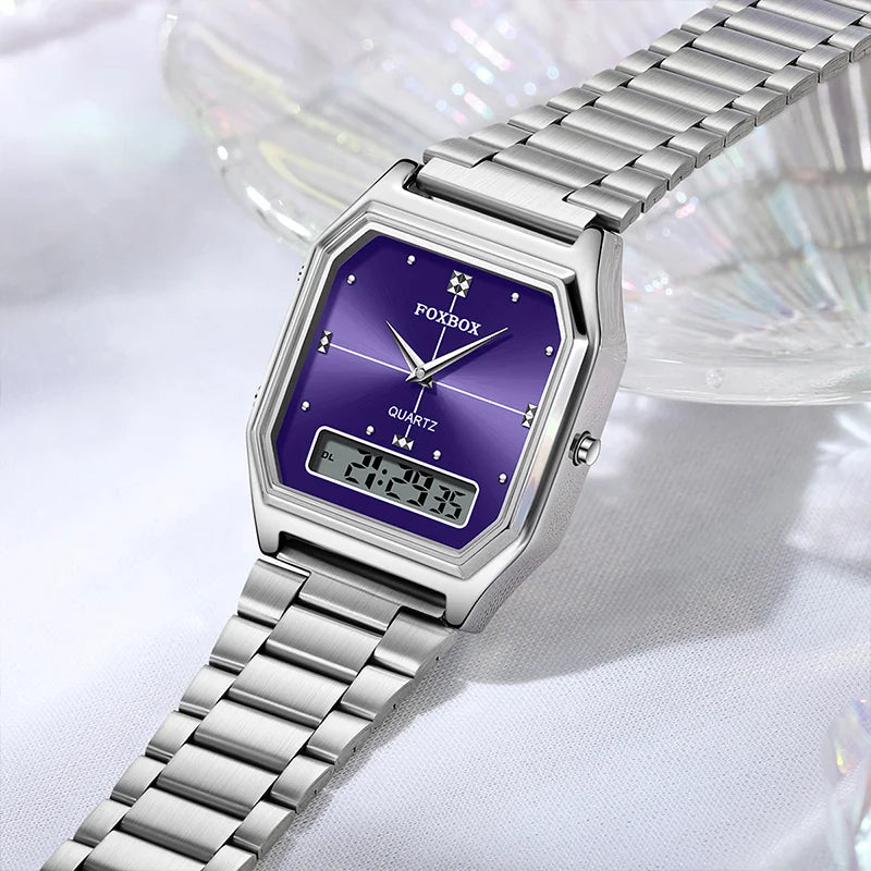 FOXBOX Square Purple Woman Watches Steel Waterproof Double Time Leisure Digital Girls Wristwatches Women Quartz Watch For Gifts