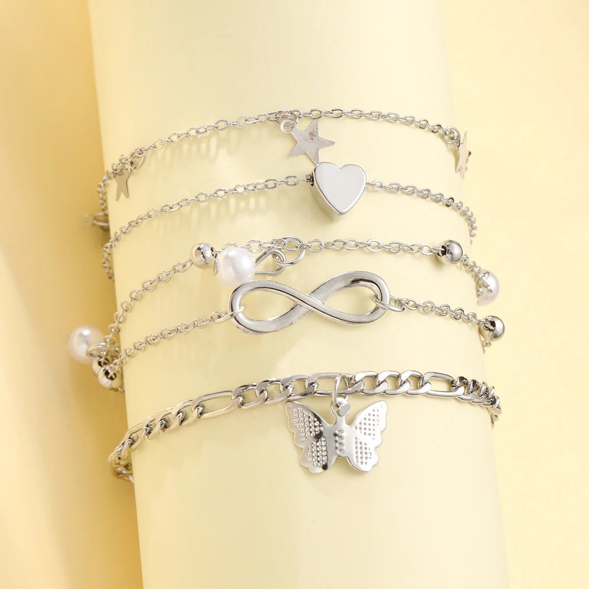 Bohemian Summer Beach Anklet Set For Women Vintage Silver Color Pearl Butterfly Star Heart Pendant Charm Chain On Leg Jewelry